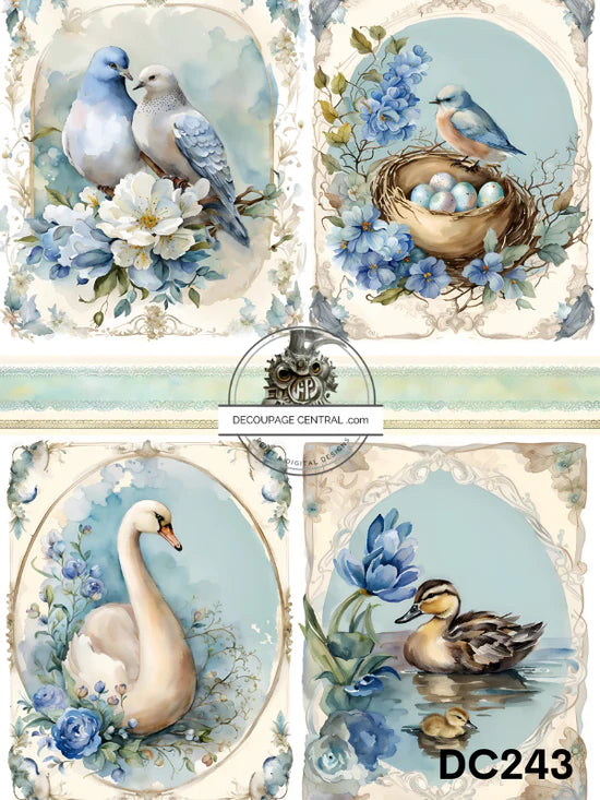 Birds in Blue Decoupage Central A4 Rice Paper