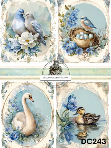 Birds in Blue Decoupage Central A4 Rice Paper